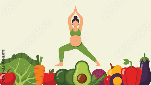 Pregnant woman in yoga pose surrounded by fresh vegetables promoting healthy lifestyle and nutrition during pregnancy