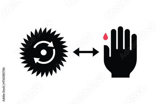 Circular saw blade and hand with blood drop vector safety warning sign isolated on white background