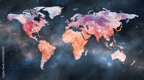 Stunning world map with cosmic galaxy overlay, global connection concept, futuristic design for international projects