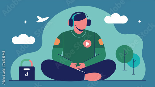 A picture of a soldier with posttraumatic stress disorder PTSD listening to a personalized playlist of calming and soothing nature sounds to help reduce flashbacks and triggers. Vector illustration