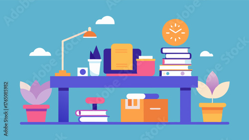 A cluttered desk transforms into a clear and organized workspace symbolizing a mind that has been decluttered through the practice of mindfulness at a workshop.. Vector illustration