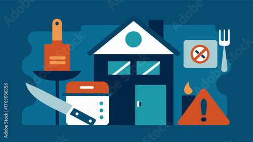 A home safety assessment includes checking for any potential hazards in the kitchen such as unsecured knives or unsafe cooking appliances for those with cognitive impairments.. Vector illustration