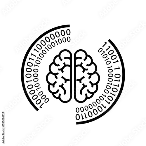 Vector illustration of binary code brain represents the digital age, the fusion of human intellect with computer science, and the power of information