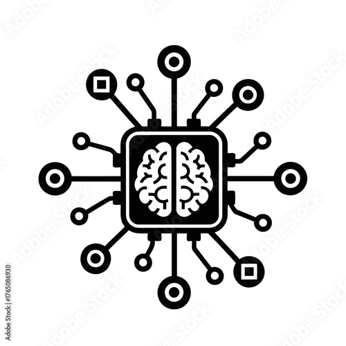 Vector illustration of microchip brain symbolizes artificial intelligence, advanced technology, and the integration of human intellect with electronics