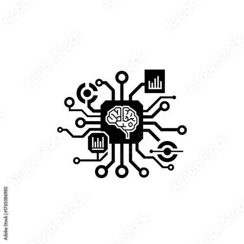 Vector illustration of artificial intelligence concept with brain and circuit board illustrates the synergy of human intellect with technological progress