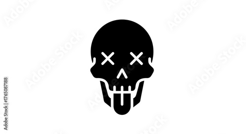 A bold black and white glyph icon of a cartoon skull with X-ed out eyes and tongue sticking out, symbolizing a playful take on death or danger
