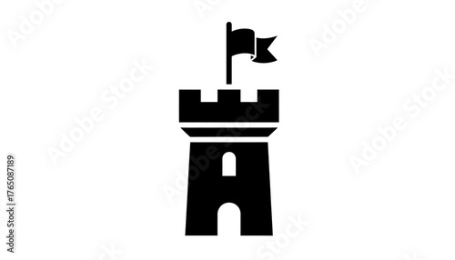 Bold graphic icon depicting a classic castle tower with a flying flag, representing power, defense, and timeless architectural structures, suitable for digital media and historical themes