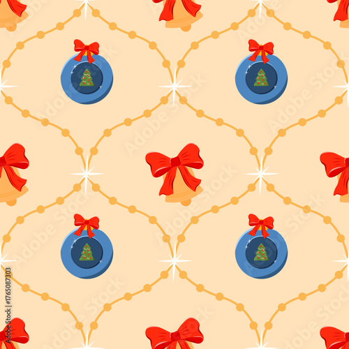 Seamless ornament pattern with vintage Christmas baubles and red bow, ideal for wrapping paper, holiday cards, textiles, and festive decoration