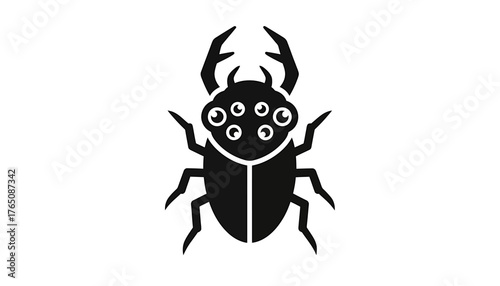 A simple black and white icon of a monstrous beetle creature with multiple eyes and prominent pincers, isolated on a white background for a clean design
