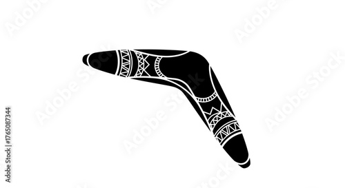 A detailed black and white illustration of a traditional Aboriginal boomerang with intricate patterned designs