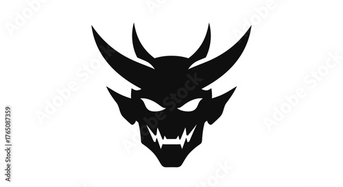 Illustration of a black devil head with sharp horns and an intimidating expression