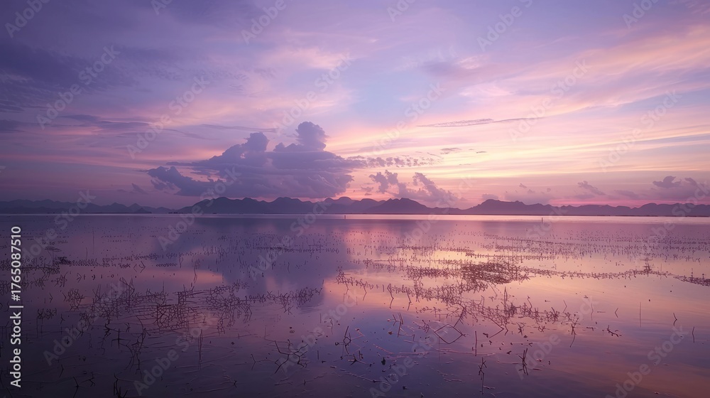 Fototapeta premium Serene Sunset Over Calm Water with Reflective Sky and Distant Mountains in Soft Pink Purple Tones