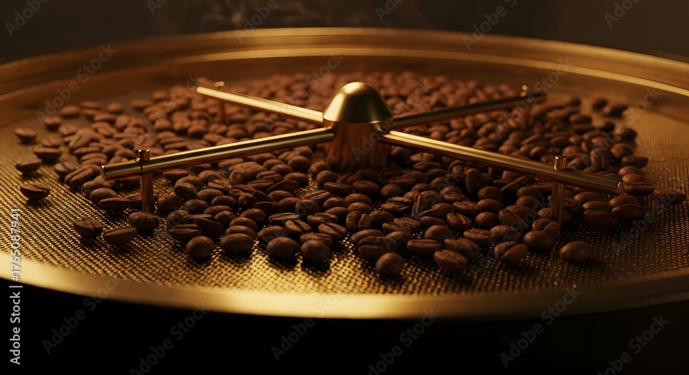 Obraz premium Freshly roasted coffee beans on a golden cooling tray with a central stirring mechanism, hints of steam, rich texture