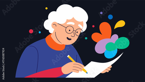 A senior citizen with dementia engrossed in a coloring book their face lighting up with delight as they bring the black and white pages to life with vibrant colors. Coloring has. Vector illustration