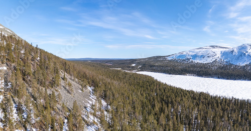 Aerial drone landscape at Ylläs, in Finland's Lapland