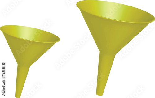 The image features two yellow plastic funnels set against a plain white background.