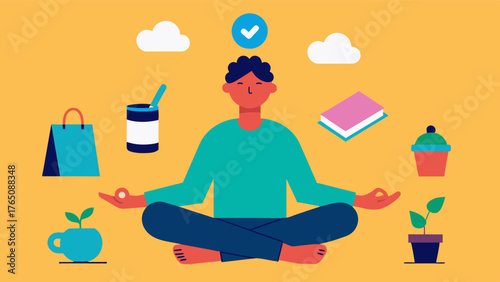A person surrounded by objects and distractions represented by clutter as they practice a mindful decluttering exercise to clear their mind and reduce stress.. Vector illustration