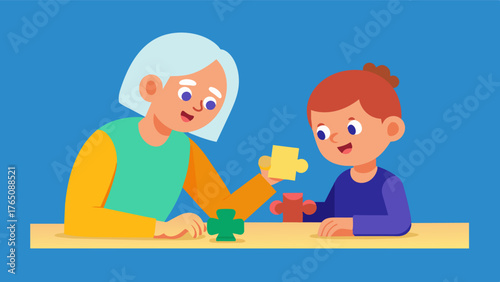 A grandmother helping her grandchild with a puzzle using this activity as a way to engage and stimulate their brains.. Vector illustration