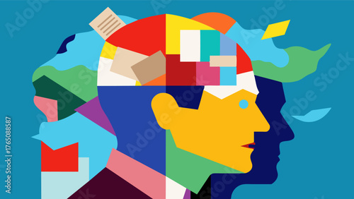 A colorful collage of torn magazine pages and newspaper clippings made by a person with frontotemporal dementia showcases their unique perspective and perception of the world.. Vector illustration