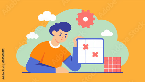 A graphic of a person engaging in cognitive activities such as crossword puzzles or Sudoku showcasing how stimulating the brain through these exercises can improve memory. Vector illustration