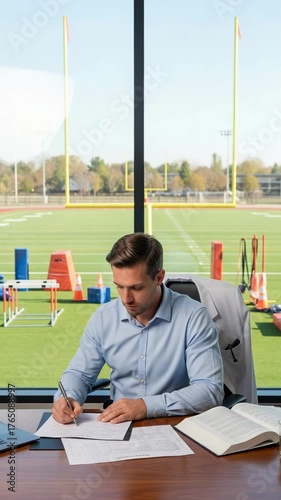 Focused Caucasian businessman in a modern office, diligently writing documents at his desk with a panoramic view of a vibrant American football training field under a clear sky.