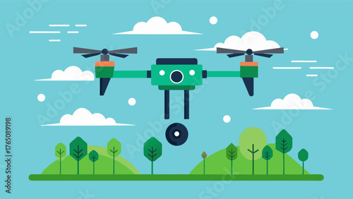 A drone equipped with sensors and cameras flying over a pasture and identifying specific patches of grass for grazing animals to feed on.. Vector illustration