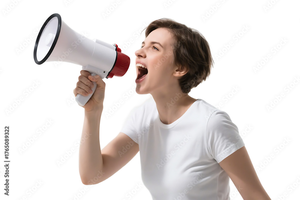 Naklejka premium A woman is seen shouting through a megaphone, conveying strong emotions and making a loud announcement.