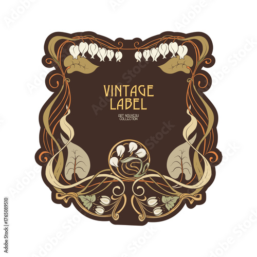 Decorative flowers and leaves in art nouveau style, vintage, old, retro style. Border, frame, template for product label, cosmetic packaging. Easy to edit. Vector illustration.