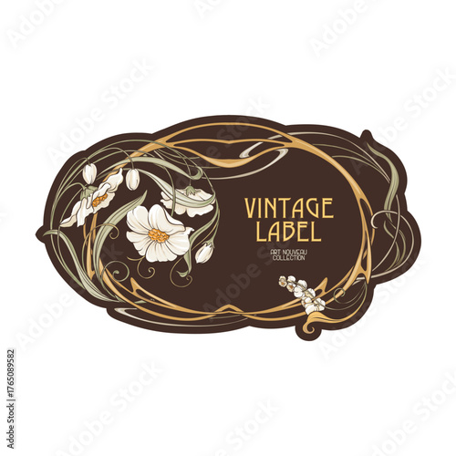 Decorative flowers and leaves in art nouveau style, vintage, old, retro style. Border, frame, template for product label, cosmetic packaging. Easy to edit. Vector illustration.