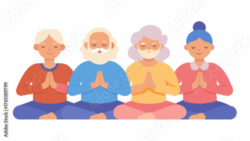 A group of seniors participating in a group meditation session holding hands and creating a sense of community and support. Together they focus on clearing their minds and. Vector illustration