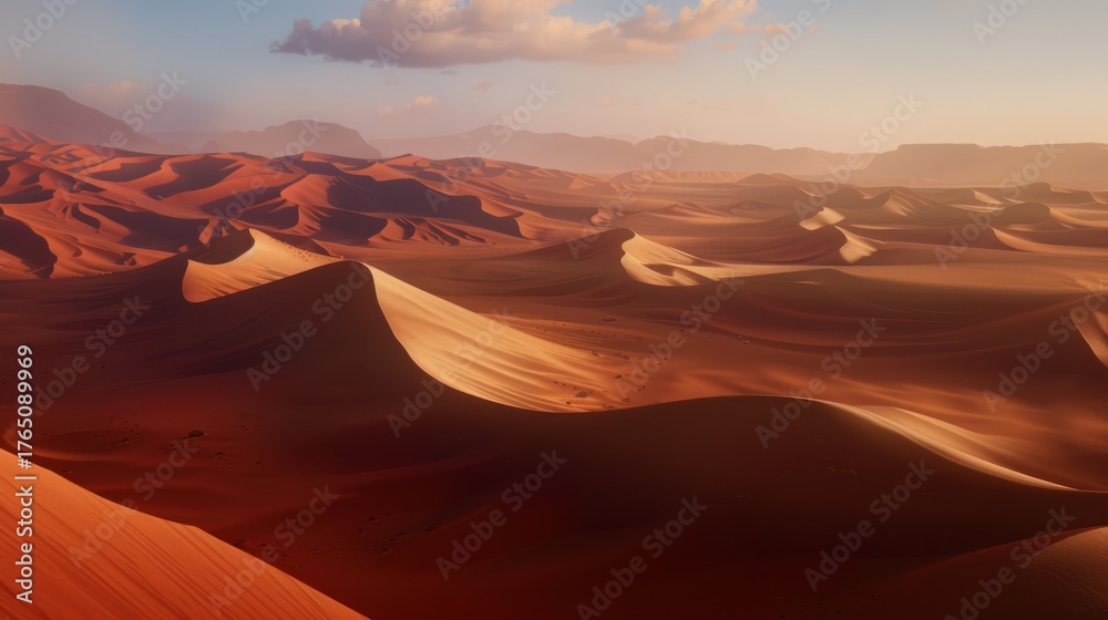 Naklejka premium Vast Desert Dunes Under Soft Cloudy Sky During Sunset