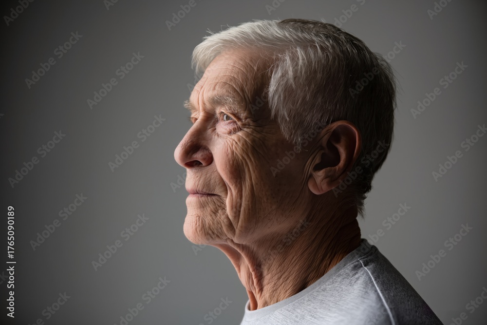 Obraz premium Studio portrait of a thoughtful senior man in profile looking away against a clean background. This image is perfect for illustrating topics related to aging, healthcare, retirement, and senior