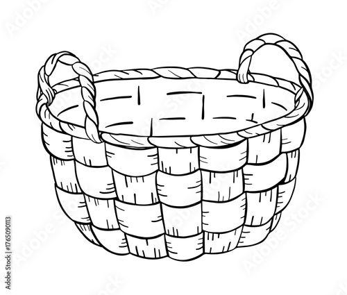 Woven wicker basket in rustic hand-drawn sketch style. Classic countryside container used for harvest, eggs, fruit or bread. Agricultural utility object with vintage and folk aesthetic.