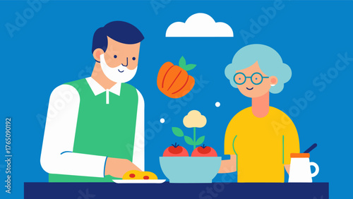 A family member preparing a healthy and nutritious meal for their aging parent who is struggling with memory loss in order to support brain health and overall wellbeing.. Vector illustration