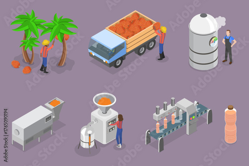 3D Isometric Flat Vector Illustration of Farm Plantation, Palm Oil Production Process
