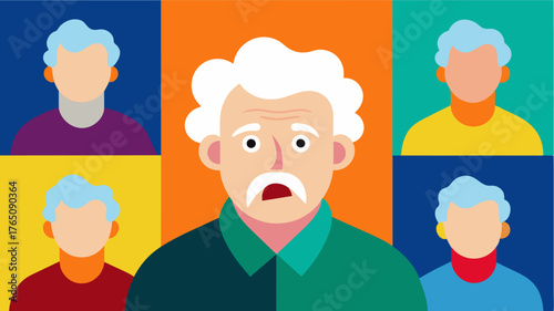 A series of paintings each depicting a different emotion or mood give a glimpse into the internal world of an artist with dementia who struggles to express themselves verbally.. Vector illustration