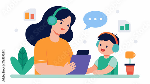 A mother recording her childs milestones and achievements creating a precious audio keepsake for them to listen to in the future.. Vector illustration