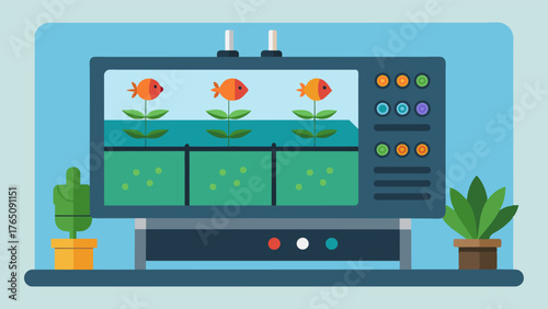 A computerized control panel that allows users to easily monitor and adjust all aspects of the aquaponics system including temperature humidity and lighting.. Vector illustration