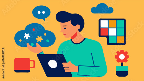 A person using a tablet to complete puzzles and brain teasers utilizing technology to engage in cognitive stimulation therapy exercises.. Vector illustration