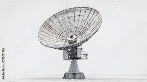 Large satellite dish stands alone in a minimalist setting under bright light