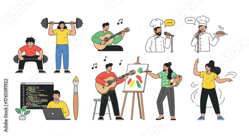 Diverse occupations and hobbies with cartoon style vector illustration