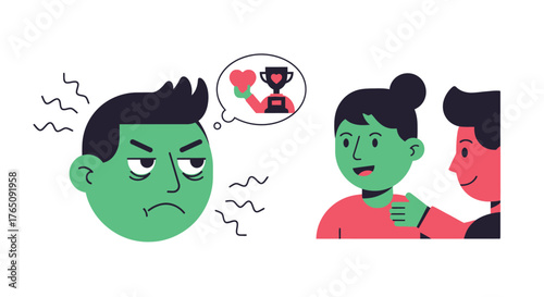 Envy and support illustration showing feelings of resentment and kindness