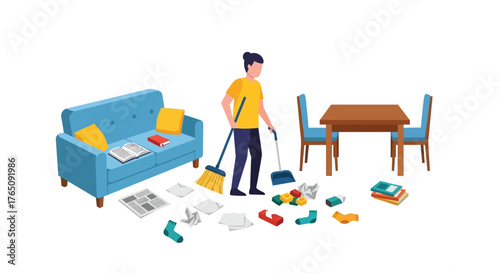 Illustration of a person cleaning a messy room with furniture and items