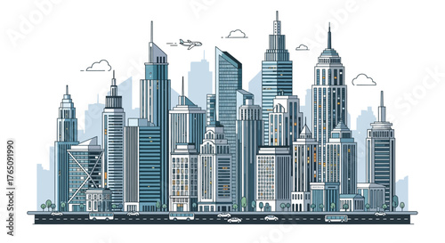 Modern city skyline illustration with skyscrapers and urban transport