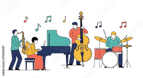 A group of musicians performing jazz music with musical instruments