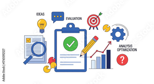 Concept illustration of business processes with clipboard and diagrams