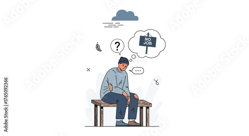 Jobless man sits on a bench feeling down and hopeless due to unemployment