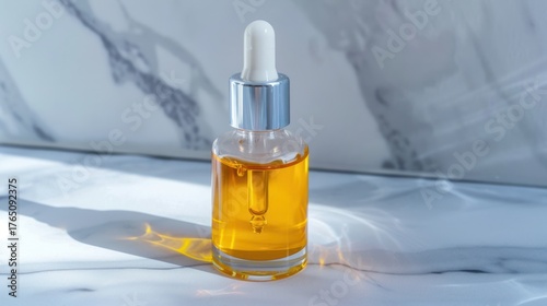 Yellow Facial Serum Dropper Bottle on Marble Surface in Bright Natural Light