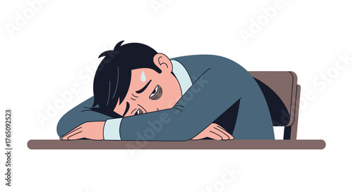 Burnout visualized: Exhausted office worker slumped at his desk with dark circles