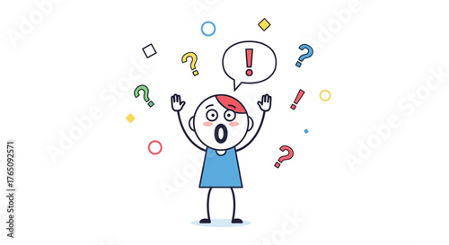 Animated character expressing confusion surrounded by question and exclamation marks